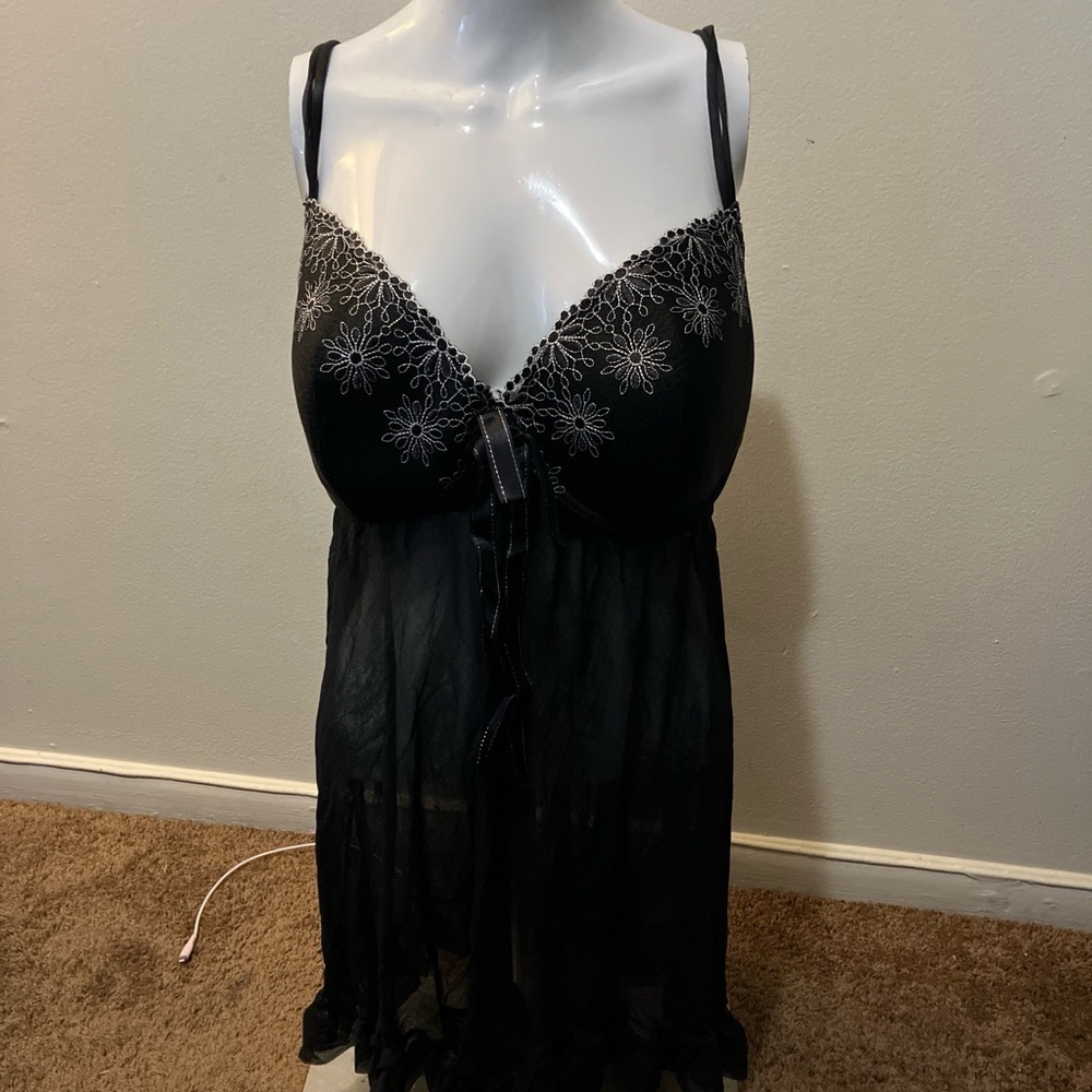 Cacique Chemise 22 24 Sheer Lingerie Black Metallic Silver Embroidery Sexy Teddy